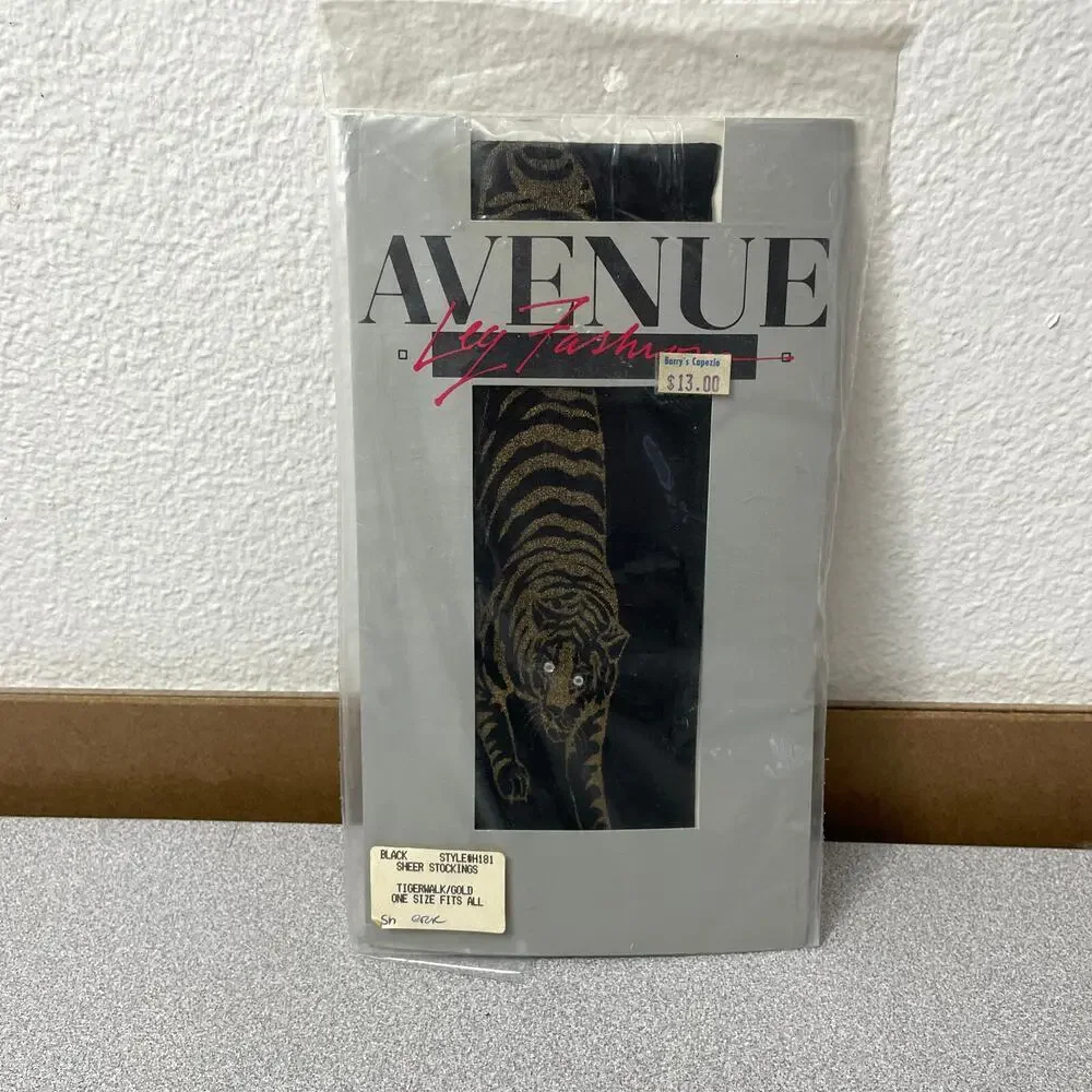 Vtg Avenue by Leg Fashions Tigerwalk Nylons Black Gold Embellished Sheer NOS 80s
